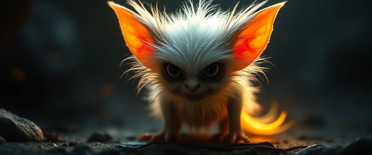 glowing quickling gremlin in the shadows with long fluffy white fur