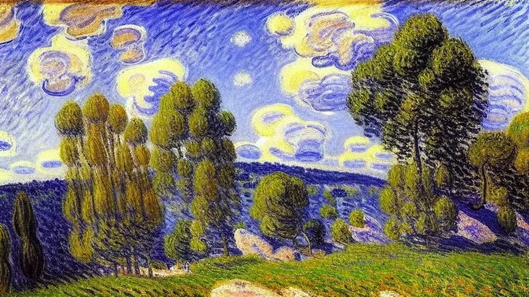 Big rocks, trees, clouds, alfred sisley impressionism painting