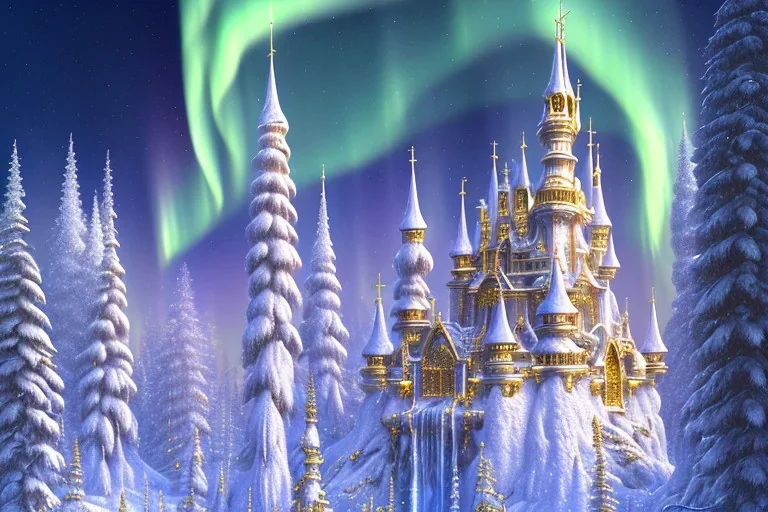  white and gold crystal castle，waterfall, winter snow flakessnow, northern Lights, full of details, smooth, bright sunshine，soft light atmosphere, light effect，vaporwave colorful, concept art, smooth, extremely sharp detail, finely tuned detail, ultra high definition, 8 k, unreal engine 5, ultra sharp focus