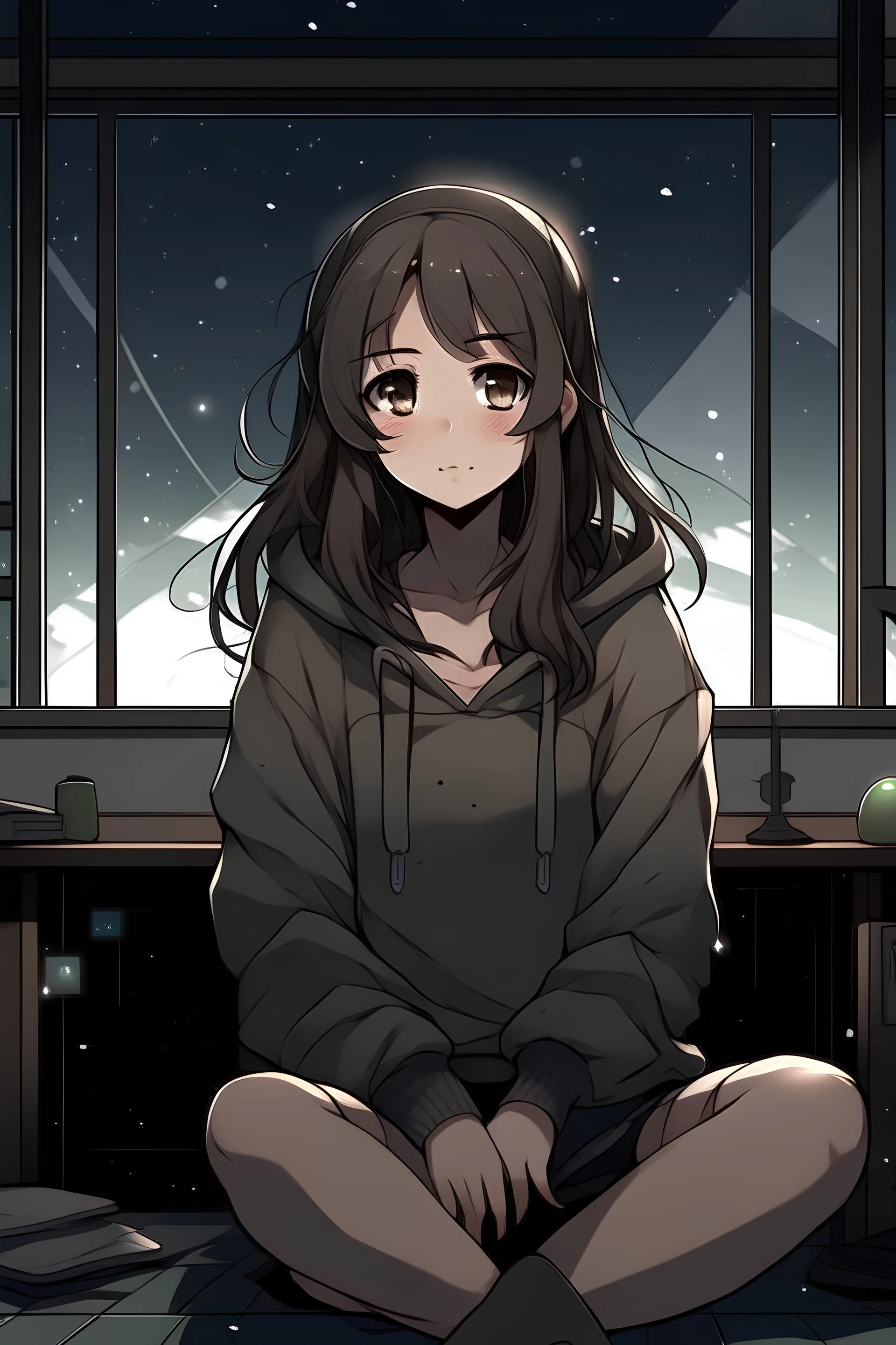 generiere ein bild im anime look. Das mädchen: Sie ist 15 jahre alt. Grüne Augen. dunkel braune mittel lange wellige haare. hell grauer hoodie und schwarze kurze hosen. Der Hintergrund: Sie sitzt auf ihrem bett. neben ihr ist ein fenster und draussen ist es dunkel. Ihr zimmer wird von Sternen beleuchtet. Ihre wände sind alle weiss. Sie sitzt vor ihrem laptop und schaut in ihren laptop