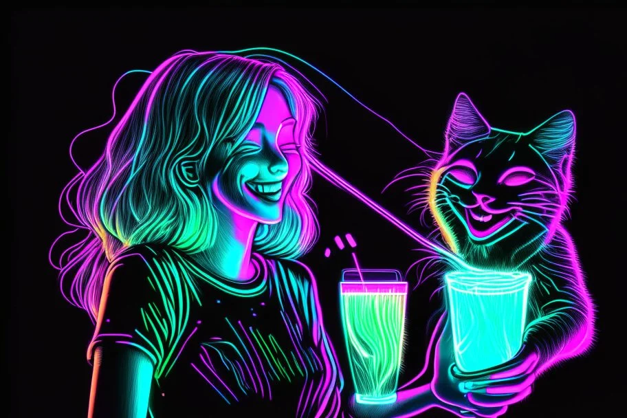 black background, outlines of a holographic happy girl with a cocktail and cat drawn from thin neon-coloured glowing lines