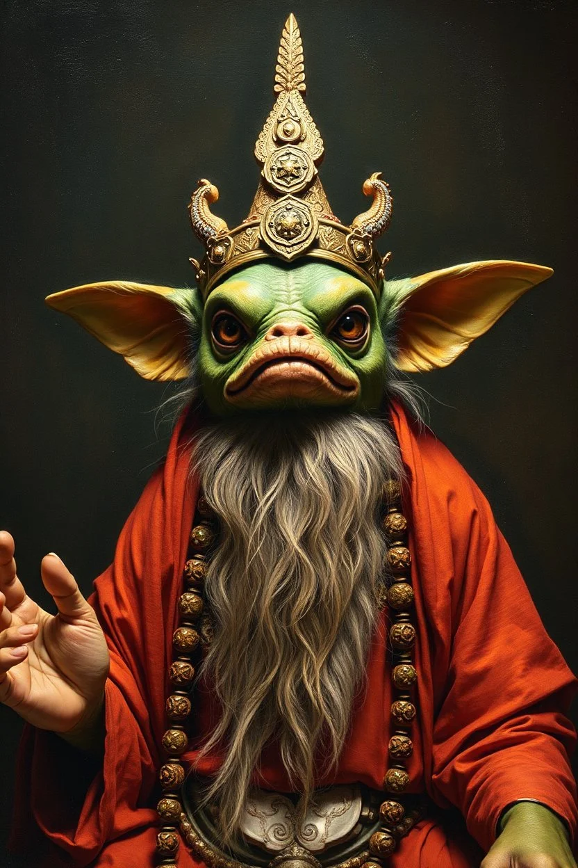 pin hole cam, master oil painting by Rembrandt,ohm ri shi lahkshmi super guru with lots followers looking like a salmon dog gremlin yoga guru