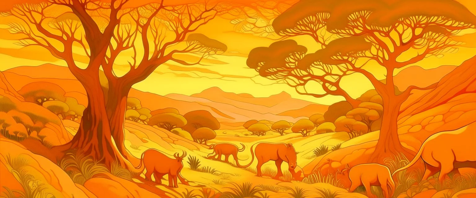 A light rosy orange colored savanna Karoo with animals painted by Paul Ranson