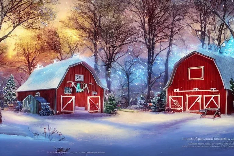 A 3D scene of a barn, December, snow, Disney, Pixar, Dreamworks, Behance, Artstation, C4D, fun, cute, colorful