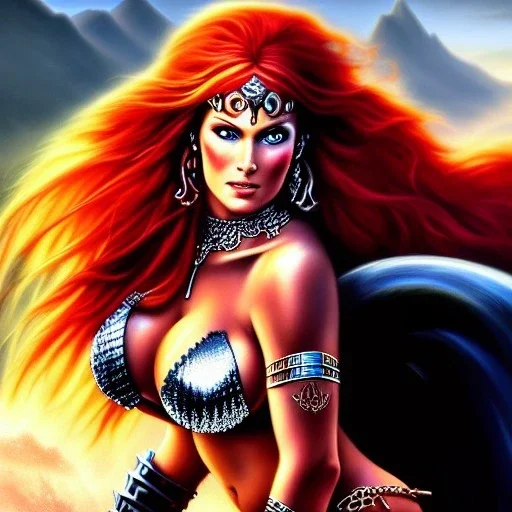 ultra detailed fullbody portrait of beautiful busty Red Sonja Riding a Black Horse , extremely detailed digital painting, intrincate, extremely detailed face,crystal clear Big eyes, in the style of Ken Kelly , mystical colors , perfectly centered image, perfect composition, rim light, beautiful lighting,8k, stunning scene, raytracing