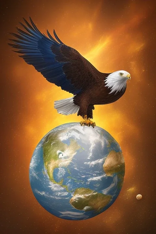 Eagle is flying in the space and is holding the earth in his claws.