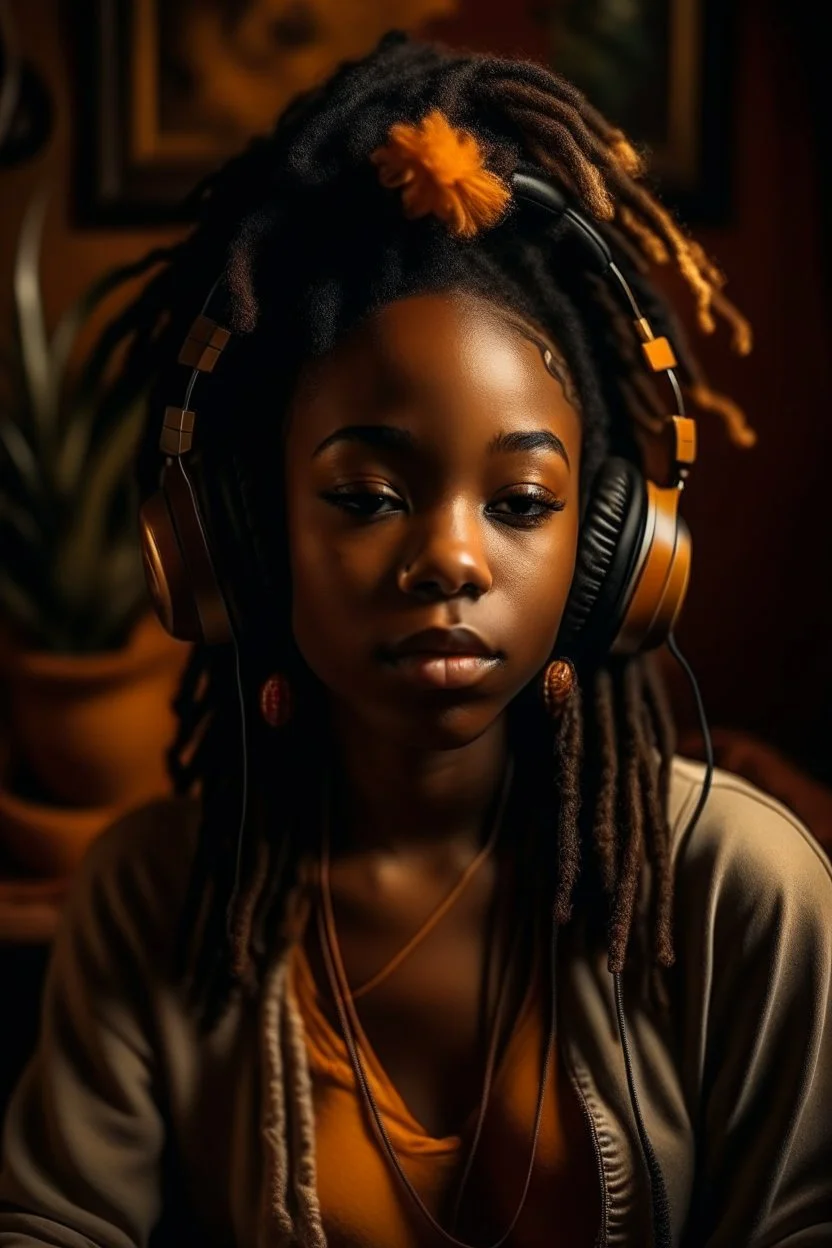 earthy black young woman listening to music with headphones, soul, peace, majestic, earthy colours, at peace, happy, incense, jewels, bands, natural, old school headphones, low siren eyes,