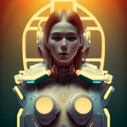 A beautiful portrait of a cute cyberpunk woman happy, alphonse mucha style, grain on the skin, tribal tatoos, orange color scheme, high key lighting, volumetric light high details,octane render, redshift render,ambient lighting