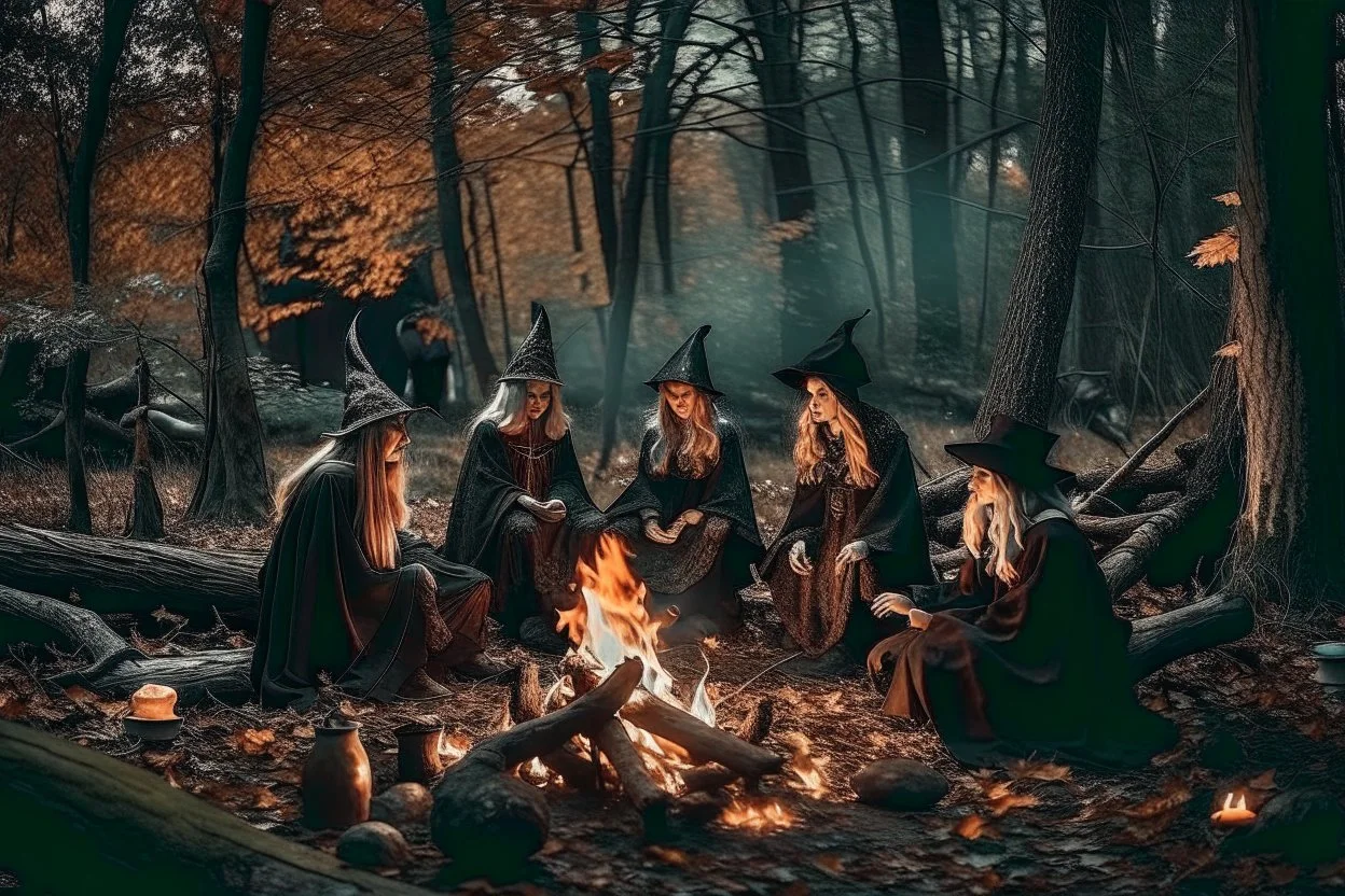 witches around a campfire in the woods