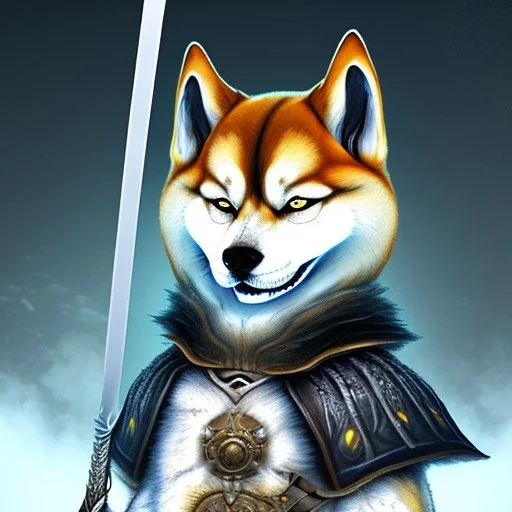 Sif from Dark Souls as a Shiba Inu, holding the sword in his mouth