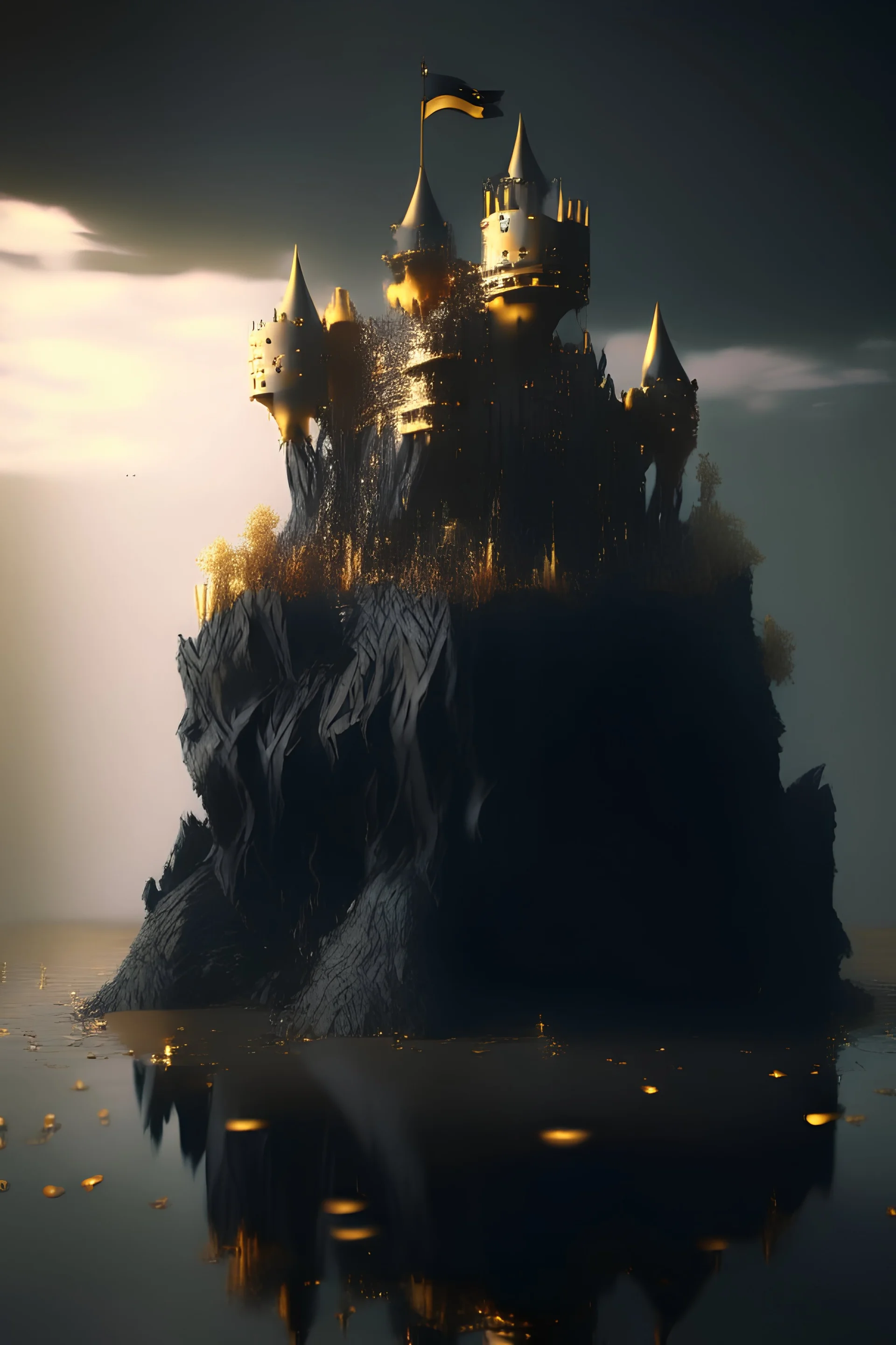 Black and gold castle on a floating island, sharp texture, 8k Resolution, unearthly, dream-like, cinematic, smooth render, unreal engine 5, octane render, cinema 4d, HDR, dust effect