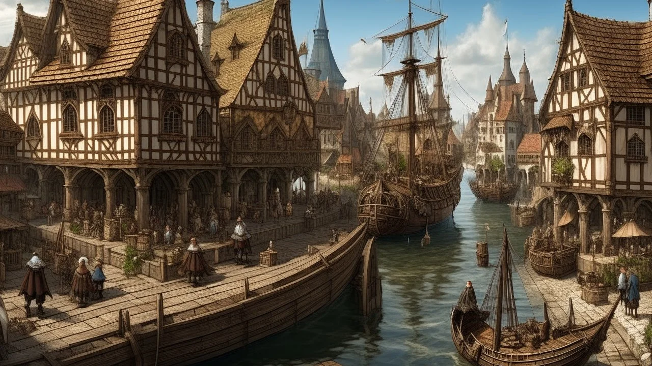 gothic medieval harbour with ships, piers, houses, shops, inns, balconies, plants, people, market