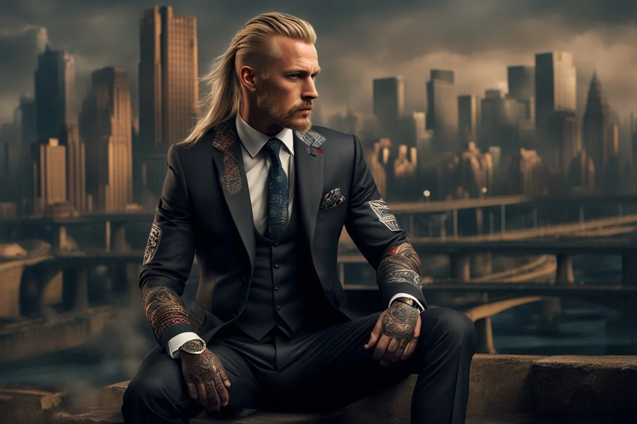 photorealistic portait of henry cavell as mercenary with long blonde hair undercut tribal tattoos wearing smart suit cityscape