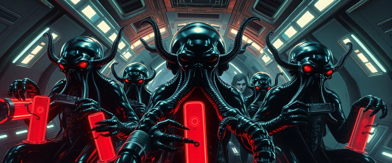 master oil painting by Rembrandt, black glistening slimy octopus insectoid hypnotic Nephilim tribe trauma watchers commando in spaceship with some scared humans in huge neon canisters, in the style of Giger, 3d anime