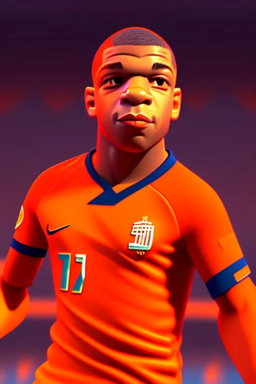 Mbappe look a like in 3D Cartoon World. Colors orange