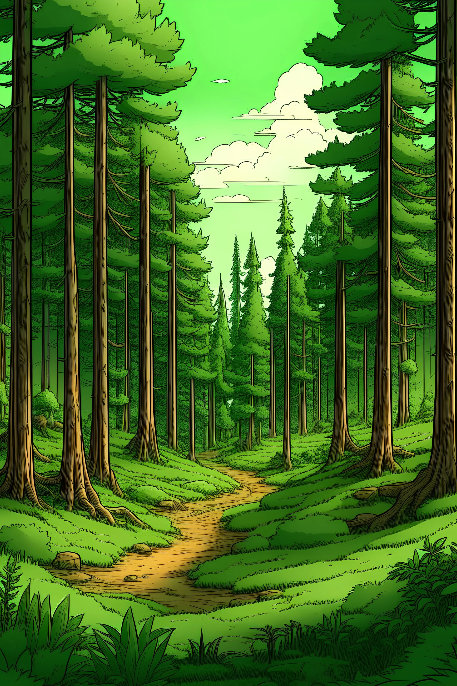 green pine forest style of elmore, five adventurers