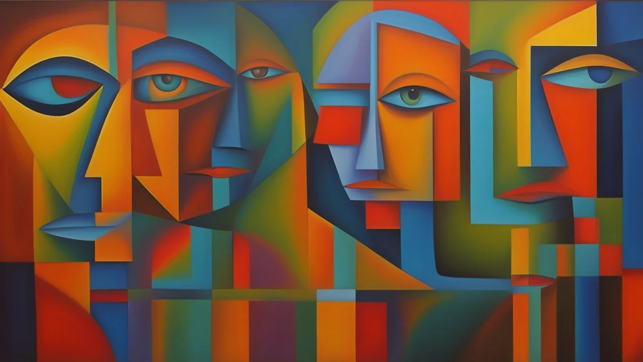 Journey Within the Mind, a painting of a group of people in different colors, a cubist painting, abstract expressionism, a surrealistic bird, eye, minimalism