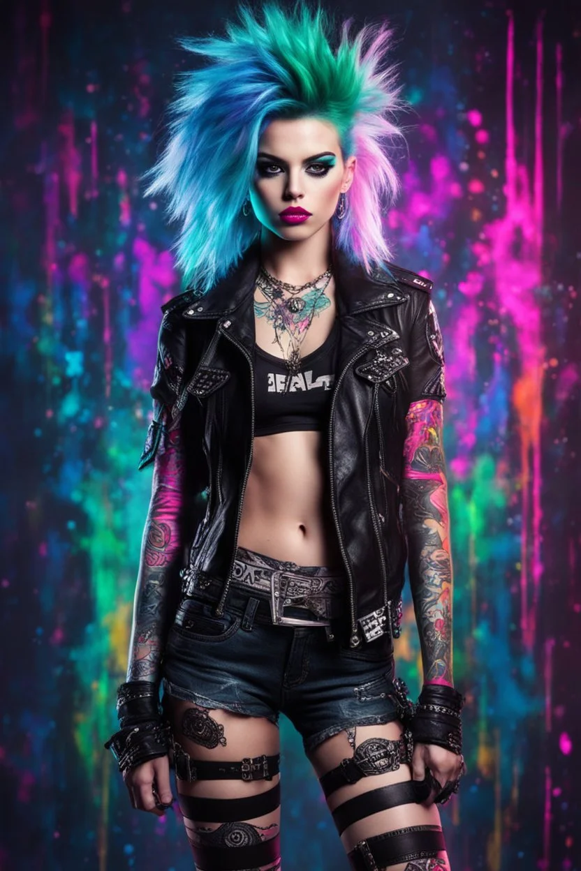 Gorgeous PunkRocker girl ,fullbody,with high details, style photography coloursfull glowing abstracts