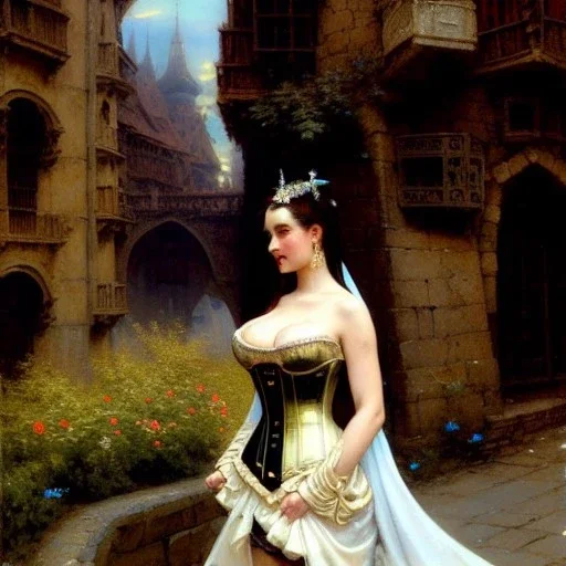 fullbody portrait 'beautiful fit busty medieval woman on street in medieval city',corset,painting by gaston bussiere, greg rutkowski, yoji shinkawa, yoshitaka amano, tsutomu nihei, donato giancola, tim hildebrandt, oil on canvas, cinematic composition, extreme detail,((fit full head inside picture)),32k