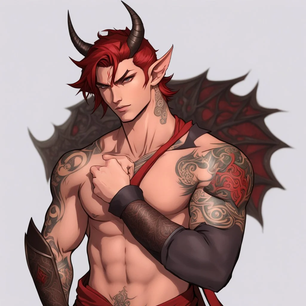 A Young Adult Male. A unique blend of Wood Elf and Red Tiefling features. His handsome face contrasts with the Yakuza dragon tattoos that completly cover his back, arms, and legs. He is wearing a torn coat. A physique that is strong and well-built, resembling a Fighter.