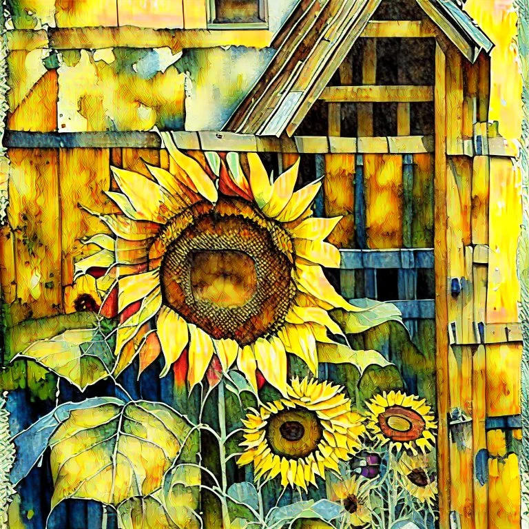 Watercolor patchwork painting of beautiful sunflowers growing against my wooden shed, greens, browns and yellow and orange, no signature no watermark, Patchwork by Meghan Duncanson and Jennifer Lommers and Didier Lourenço Modifiers: beautiful high detail fantastic view colourful watercolor patchwork alcohol ink Speedpaint