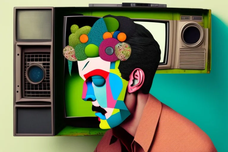 man with head inside a old tv in the style of Eileen Agar