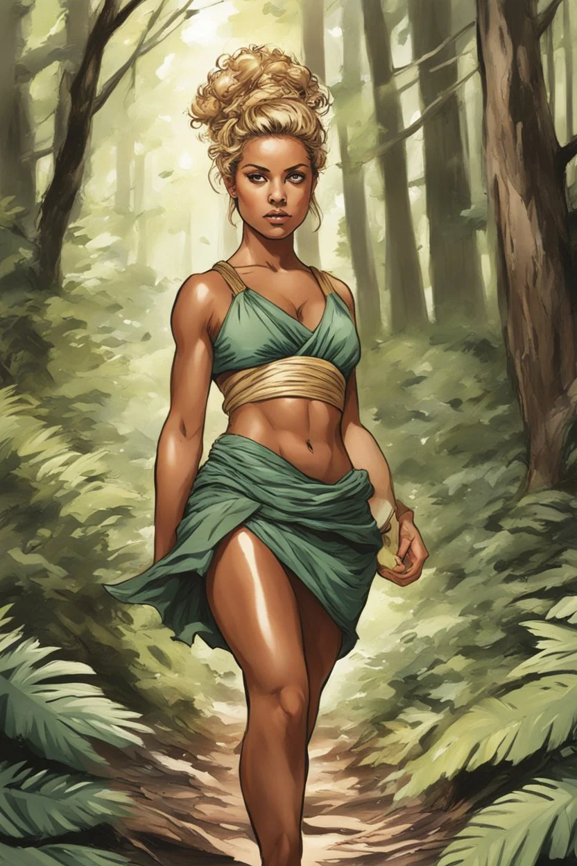 Drawn by Tradd Moore, colored by Heather Marie Lawrence Moore for Lean and muscular, skin tanned nearly bronze greeck girl tracking through the forest and brush. Showing her mini-skirt. Blonde Curly hair in a messy bun and severe look, wearing greek toga .