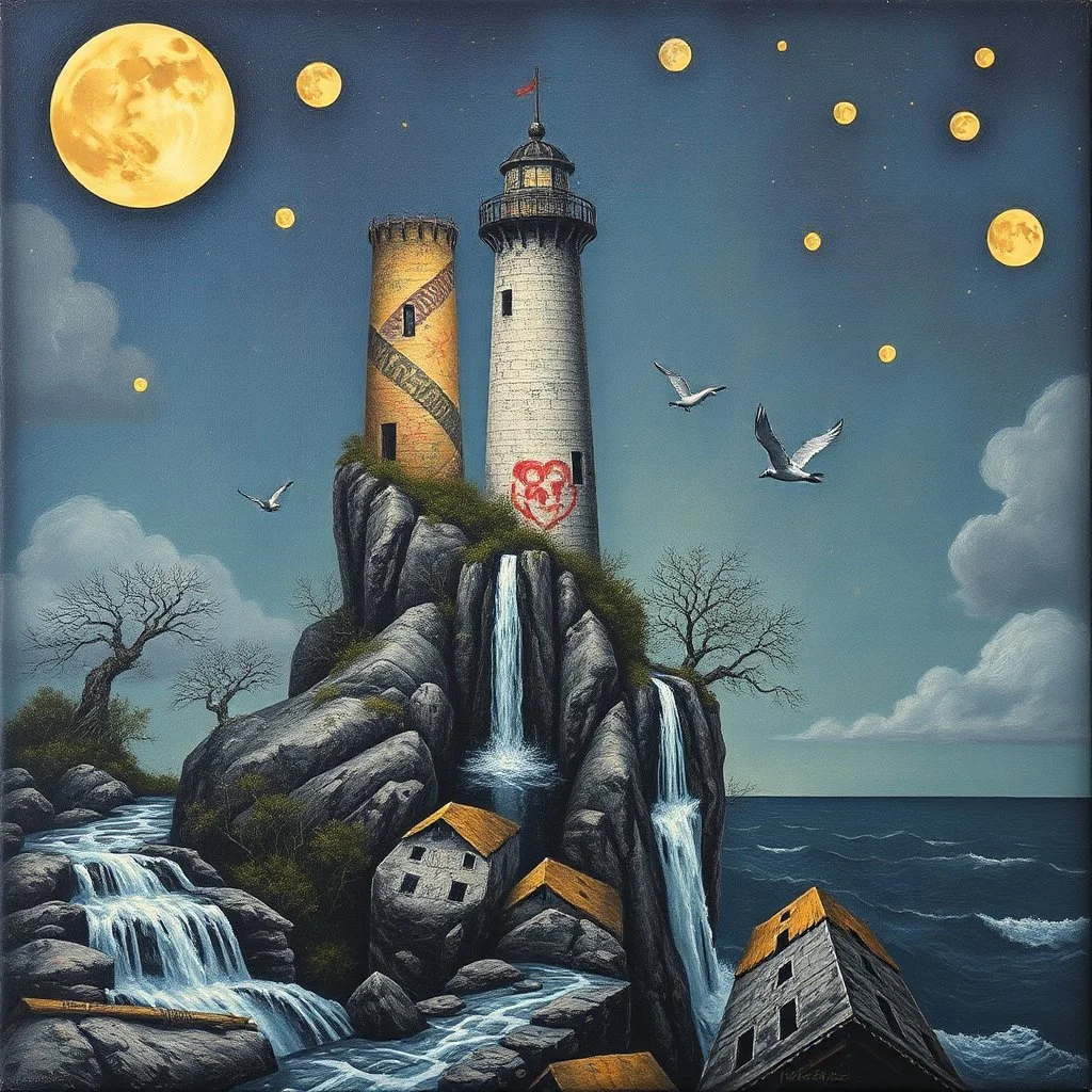 Impasto Cascade Hallucination, retinue of moons, by Phlegm, graffiti lighthouse