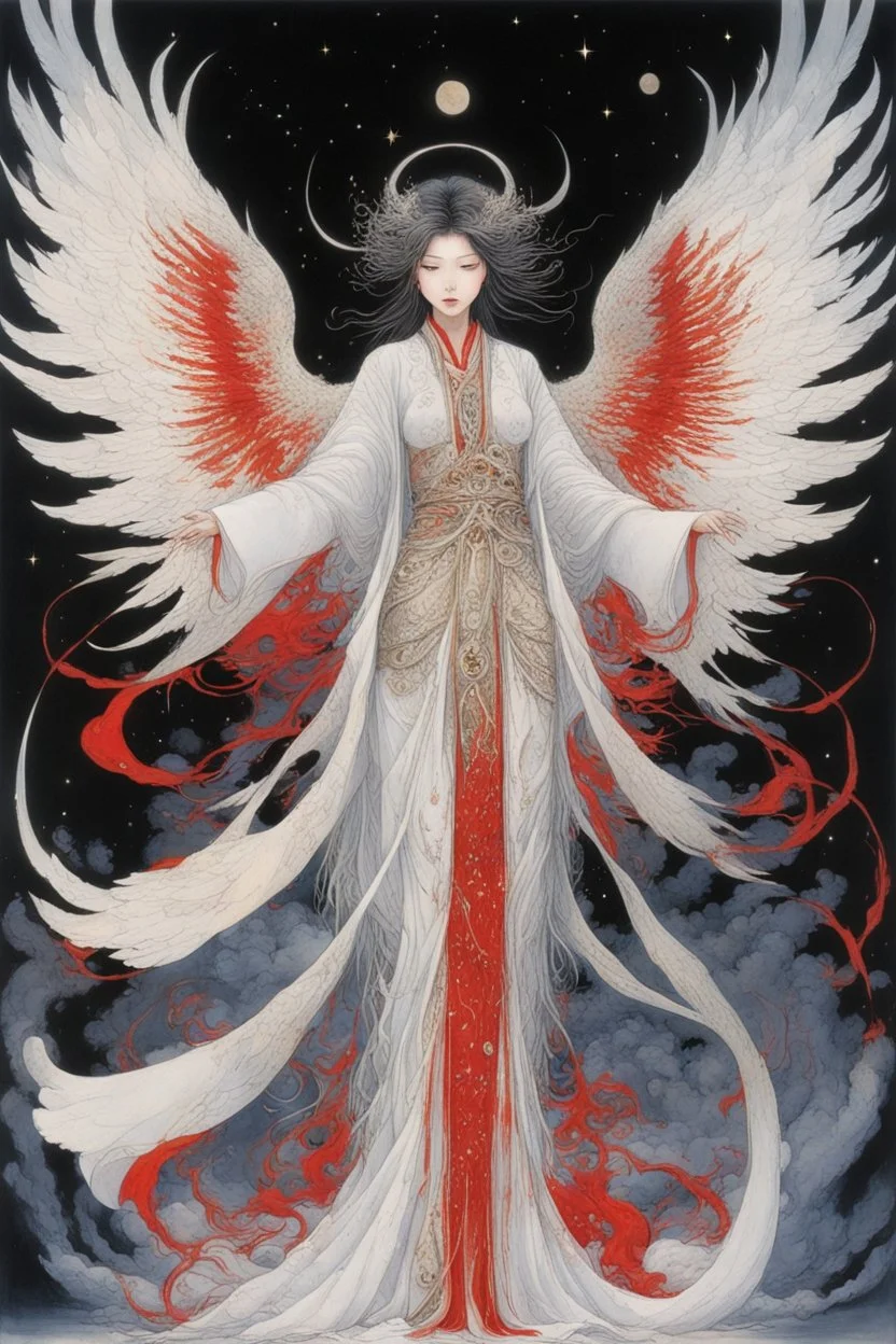 style of Yoshitaka Amano ~a fierce angel, standing with all her might wings outstretched staring deep into your soul, her ornate robe reminiscent of the stars in the night fiery sky. surrealist. Shades of luminous white and red piercing shadow, reminiscent of Beuys and Qian Xuan.