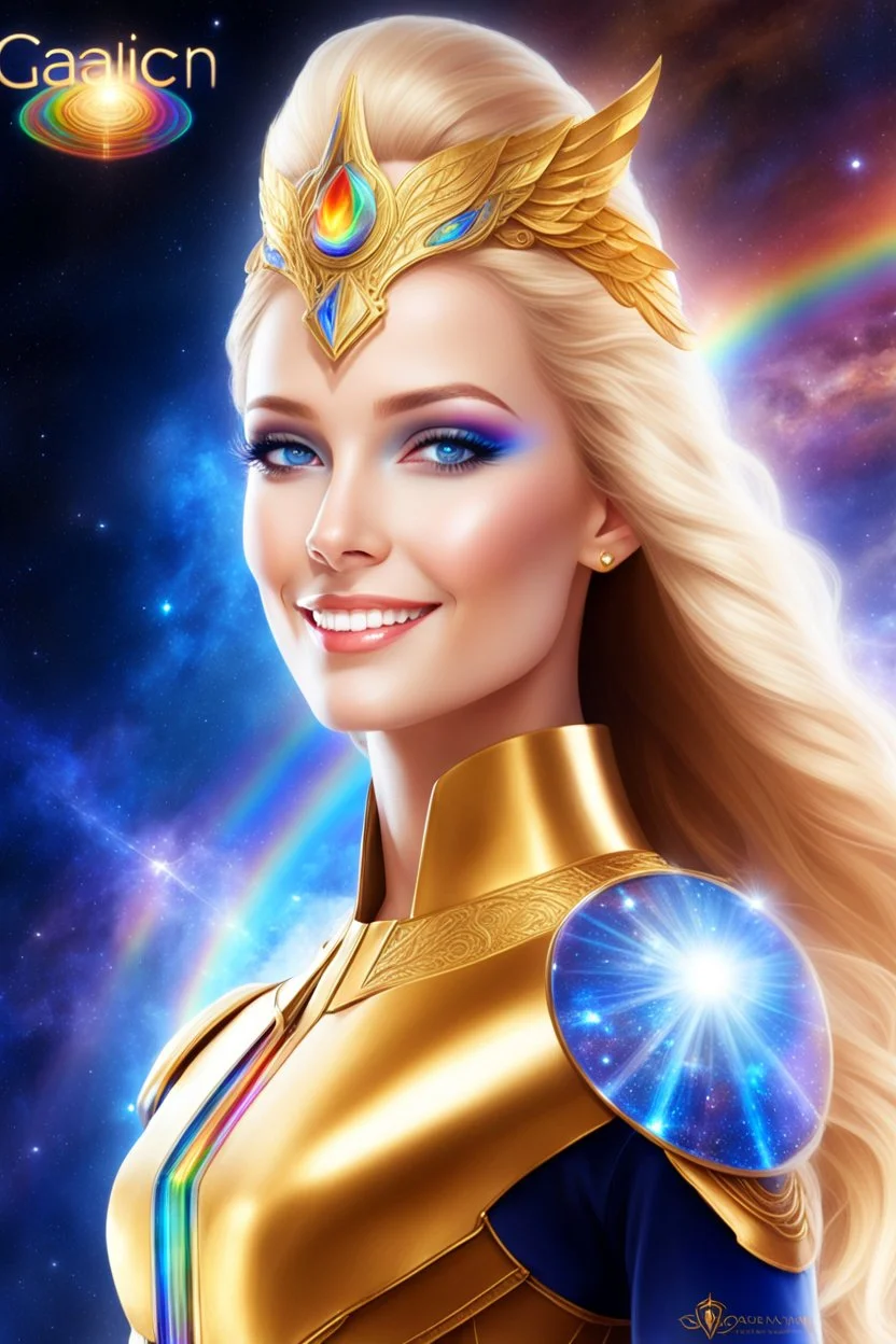 cosmic woman angels smile,admiral high commander from the future, one fine whole face, crystalline skin, expressive blue eyes,rainbow, smiling lips, very nice smile, costume rainbow pleiadian, Beautiful tall woman pleiadian Galactic commander, ship, perfect datailed golden galactic suit, high rank, long blond hair, hand whit five perfect detailed finger, amazing big blue eyes, smilling mouth, high drfinition lips, cosmic happiness, bright colors rainbow, blue, pink, gold, jewels, realist,8k