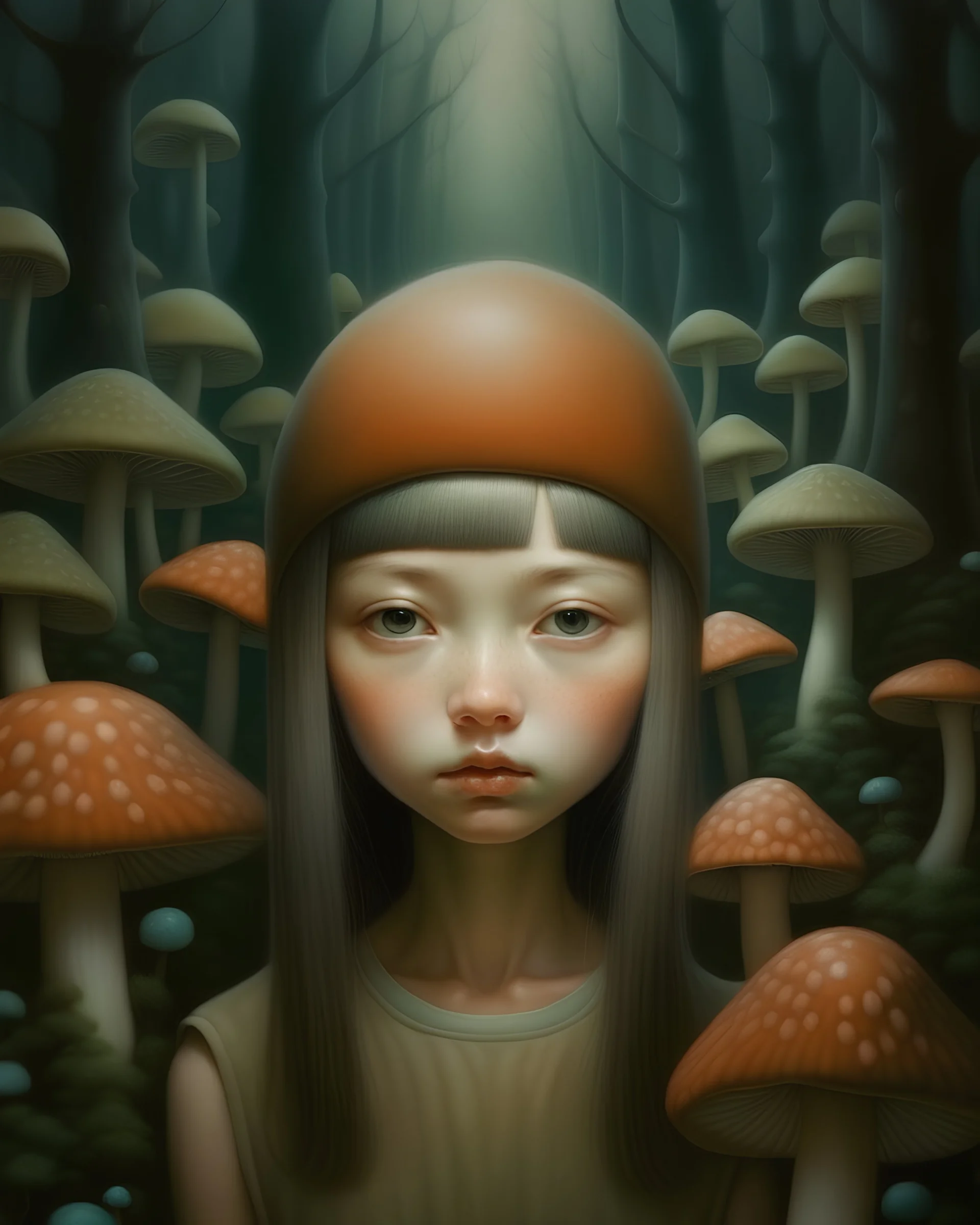 Painting in art style of Nicoletta Ceccoli, Daria Petrilli and Anton Semenov, minimalist style. Painting of the girl surrounded by the mushrooms in the forest.