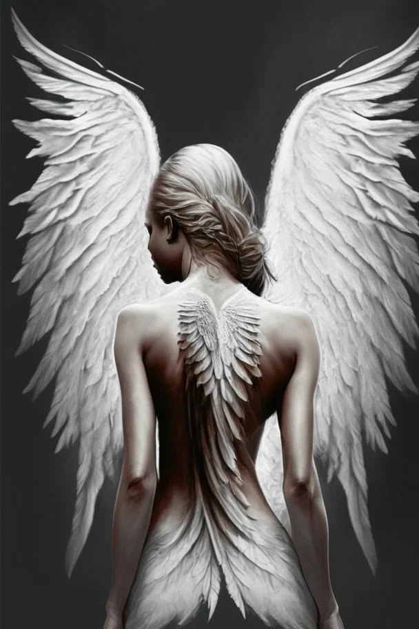 full body woman angel from back wings coming from back of her shoulders ultra realistic illustration