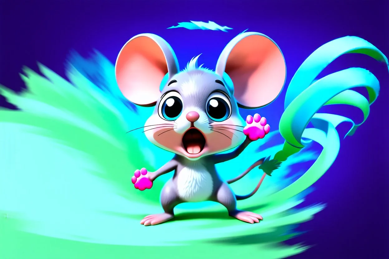 ute stylized 3D cartoon mouse character being swept into a magical wind vortex, fluffy gray fur, soft detailed fur texture, oversized expressive eyes, rounded ears, tiny pink paw pads, open mouth excited surprised expression, dynamic diagonal motion pose, limbs reaching forward, body tilted in perspective, sense of speed and motion, flowing translucent teal and aqua wind ribbons, spiraling air currents forming a curved arc, soft tornado funnel in the top corner, painterly semi-transparent wind