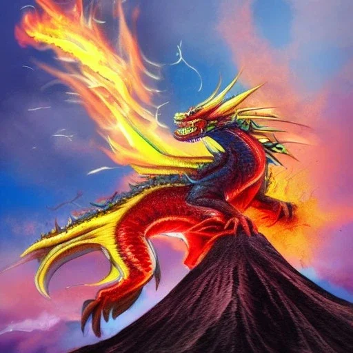 a multicolored dragon with fire blowing out of his mouth and black scales on a volcano on a ocean