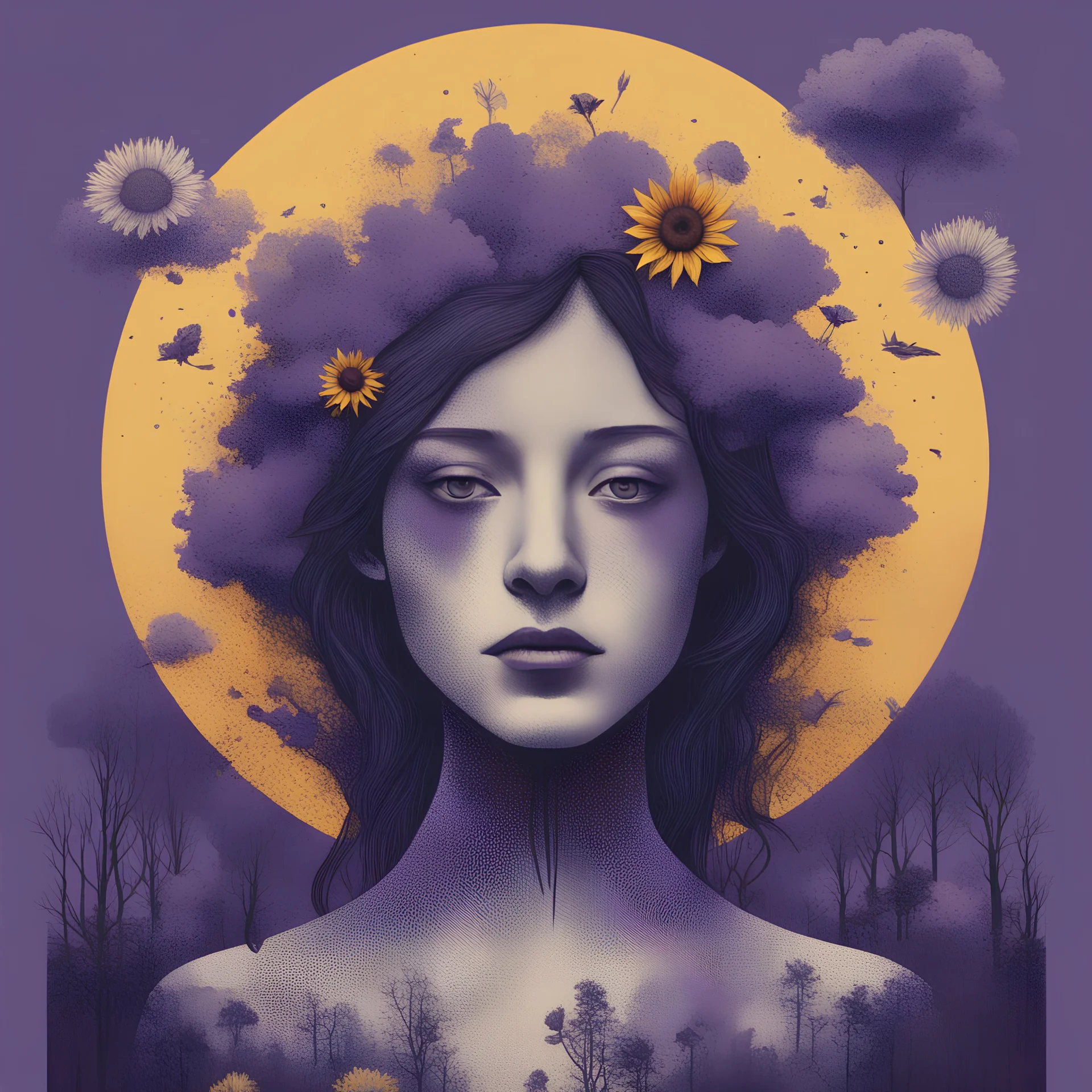 A minimal and sinister design with a color scheme of foreboding violets and warm sunflower; artificial intelligence ;using halftone and mixed media and pictorial map; inspired by surreal figurative and blackout poetry and naïve art; the focus is artificial intelligence look at the sky; mood is mysterious and chilling .