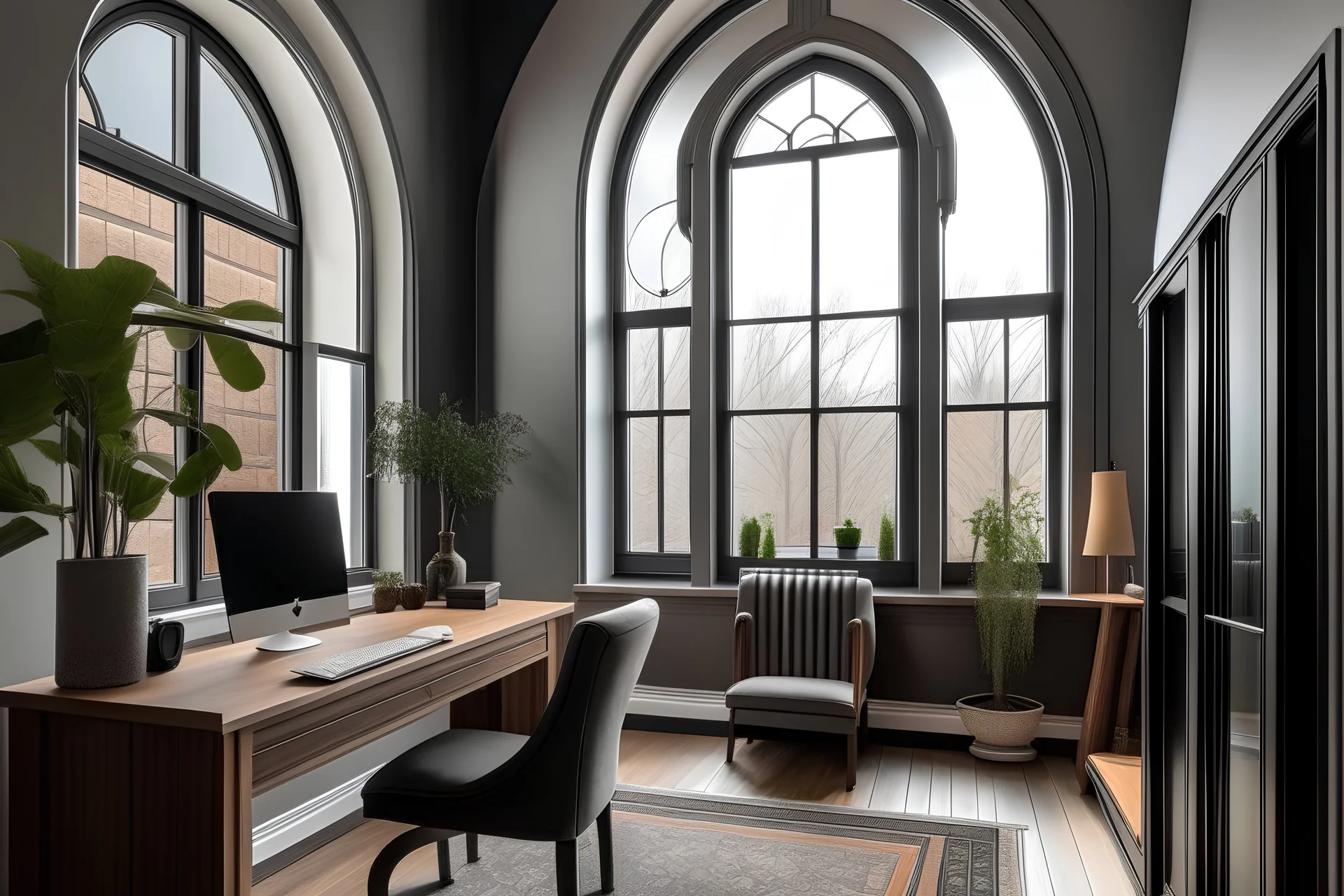 cozy home office with two arched windows in a modern townhouse