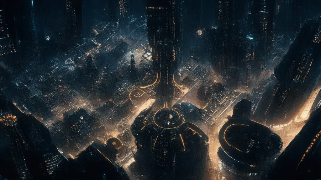 dark cyberpunk city from above the sky, comic style