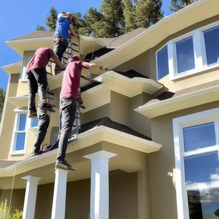 Two dudes standing on a ladder reaching up onto the edge of a house installing seamless gutters to the fascia