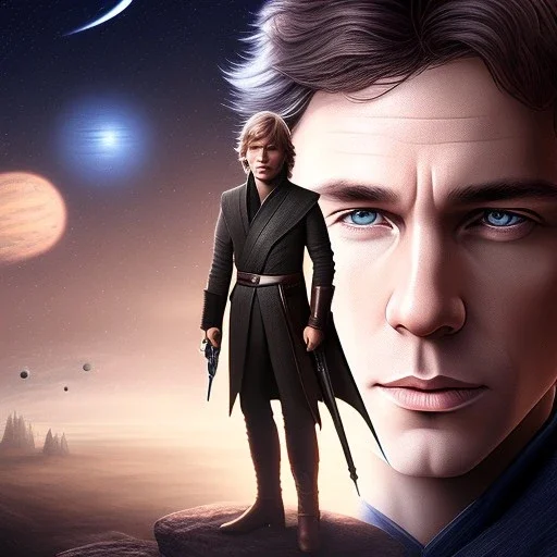 model shoot style, digital art portrait of (young Luke Skywalker) ((dressed in jedi tunic)), surrounded by 100 planets, ultra-detailed, ultra quality, illustration, eerie atmosphere, 8k, cinematic lighting