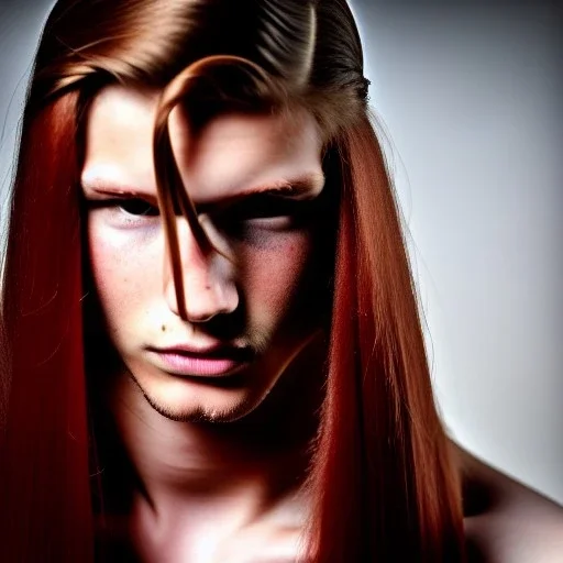 teen, male, with flowing red long hair,head shot, model, real photo, soft lighting