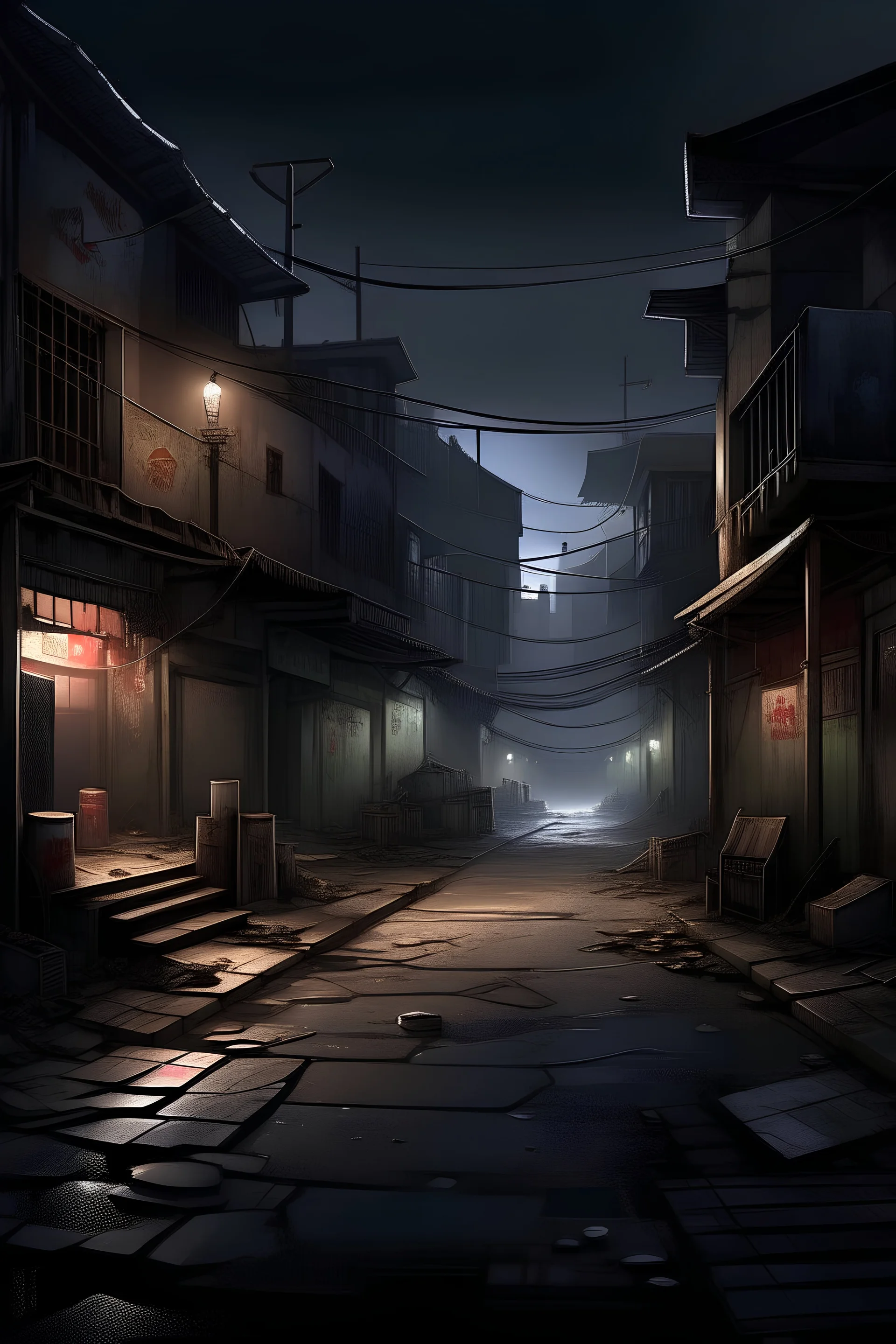 A dark, almost deserted street with some thieves roaming around. Two roads with semi-dilapidated, rugged walls, some violent fights, knives, and the sale of drugs and alcohol under glowing lights.