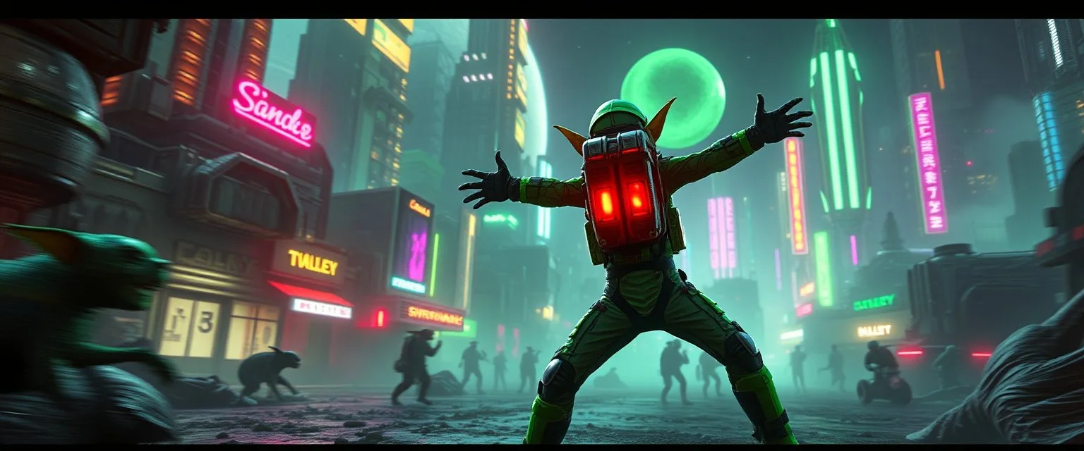cyberpunk space city, in valley, A space elf cowboy biker astronaut with rocket backpack named Dave started doing the splits, Blew a fuse in his hips and short-circuited his bits, The Martian fluffy gremlins went wild, the Plutonians dogs screamed, Even black-and-white aliens turned ultraviolet green! in the style of fallout 4 and HR Giger, background motion blur , and volume fog spot lights