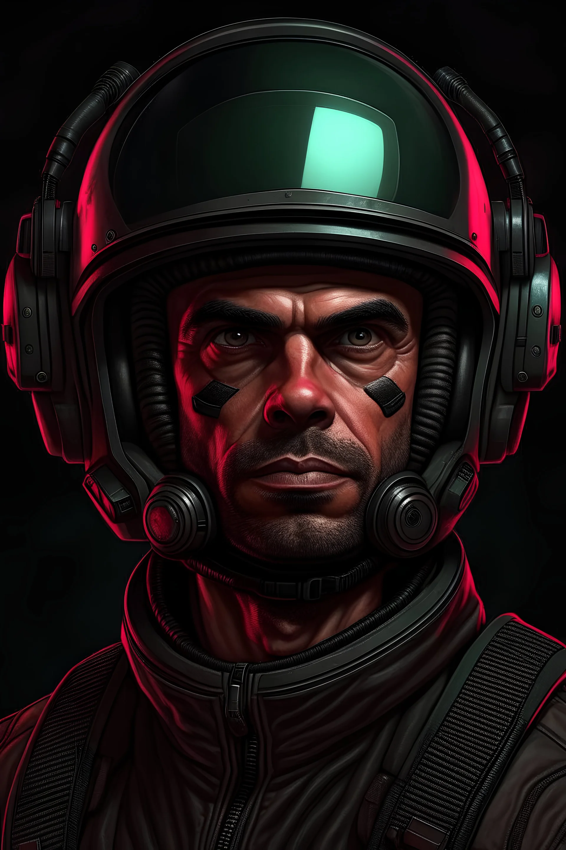 A DIGITAL ART portrait of a sci-fi pilot man. He is 30 years old. He has a pilot helmet.