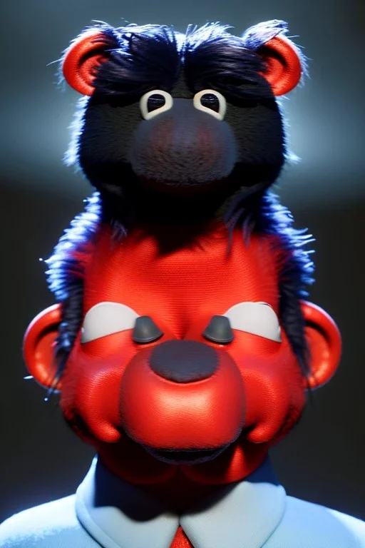 Waist up muppet Portrait, Kim Jong-un muppet doll, black suit, photo studio, red background, unreal engine 5, concept art, art station, god lights, ray tracing, RTX, lumen lighting, ultra detail, volumetric lighting, 3d.