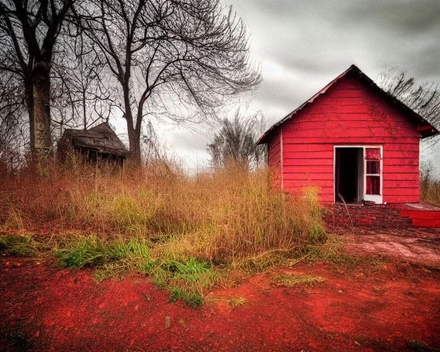 The entrance to Hell crossed with Alice in Wonderland, red clouds, abandoned shack, Cheshire cat