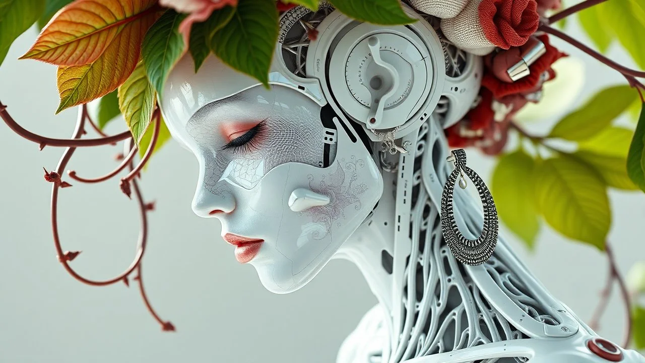 3D render ultra detailed of a beauty white glossy, swoman DRYAD, from knee to head, biomechanical cyborg, analog, 35 mm lens, beautiful natural soft rim light, big leaves and stems, roots, fine foliage lace, colorful details, samourai, earring, heavely tattoed, intricate details, mesh wire, mandelbrot fractal, facial muscles, cable wires, microchip, badass, hyper realistic, ultra detailed, octane render, volumetric lighting, 8k post-production, red and white, detailled metalic bones, semi human