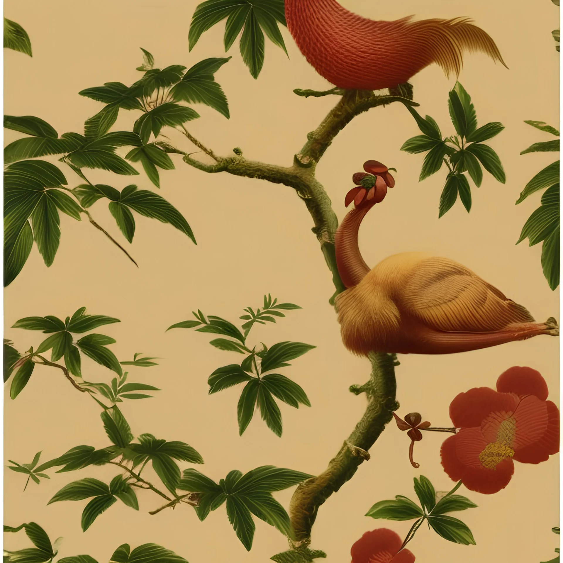 Vintage European chinoiserie wallpaper with dodo bird and oak leaf branches