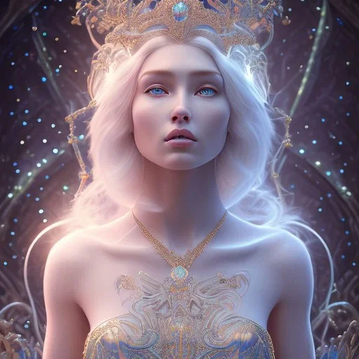 portrait of the most gorgeous, stunning, beautiful ice goddess with a large wolf, intricate crystal ice crown, 8k resolution, high-quality, fine-detail, ornate, digital art, detailed matte, volumetric lighting, brian froud, howard lyon, selina french, annie stokes, lisa parker, greg rutowski,