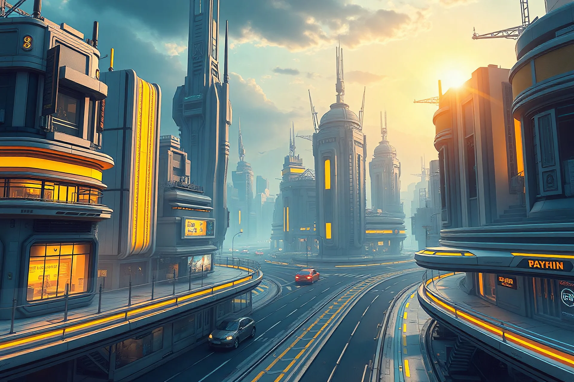 futuristic city in the day time with yellow palette