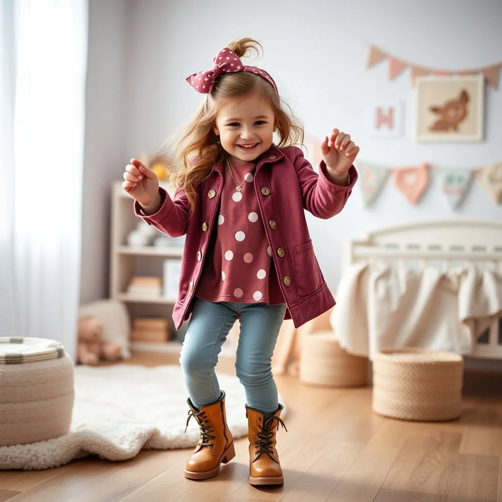 a 2 years old girl in modern clothing and makeup dancing with cute and joy with pertty boots in a baby bedroom